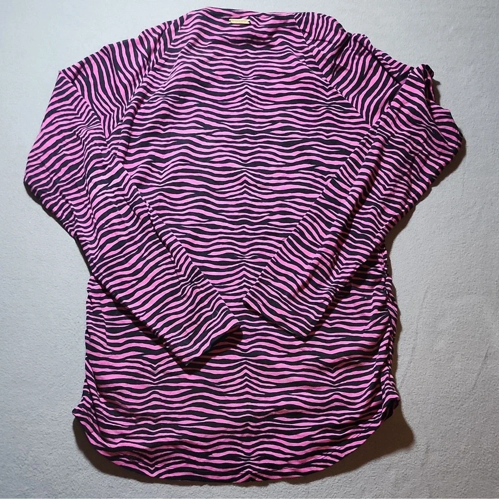 Michael Kors Pink Black Zebra Knit Cotton T-Shirt XL Round Neck Long Sleeve